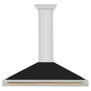 ZLINE Autograph Edition 48 in. Convertible Stainless Steel Range Hood with Black Matte Shell and Polished Gold Handle (KB4STZ-BLM48-G) front.
