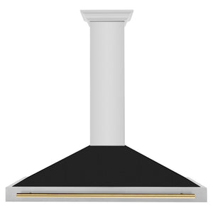 ZLINE Autograph Edition Convertible Stainless Steel Range Hood with Black Matte Shell and Polished Gold Handle (KB4STZ-BLM-G) Polished Gold, front.