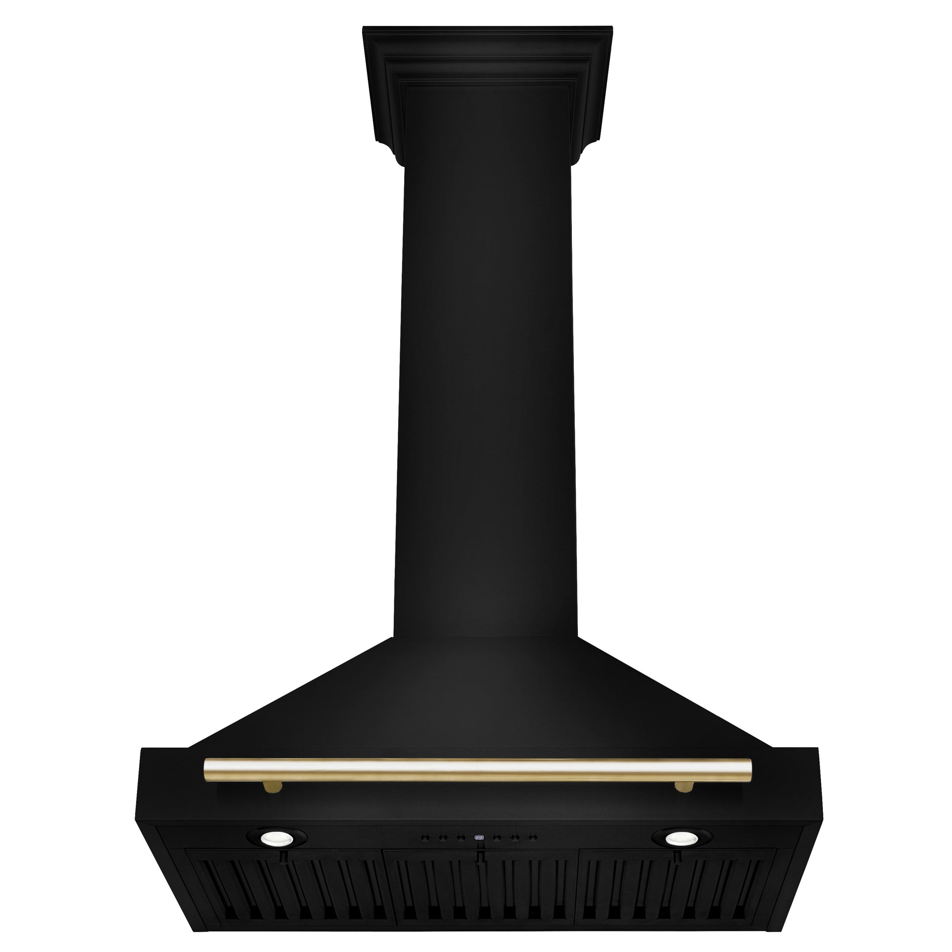 ZLINE Autograph Edition 30 in. Black Stainless Steel Wall Mount Range Hood With Polished Gold Handle (BSKB4Z-30-G) front under.