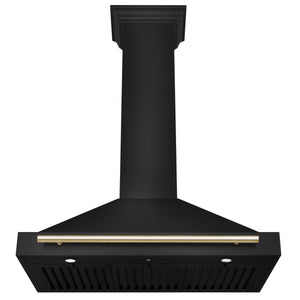 ZLINE Autograph Edition 36 in. Black Stainless Steel Wall Mount Range Hood With Polished Gold Handle (BSKB4Z-36-G) front, under.