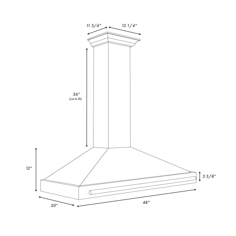 ZLINE Autograph Edition 48 in. Black Stainless Steel Wall Mount Range Hood With Champagne Bronze Handle (BSKB4Z-48-CB) dimensional diagram.