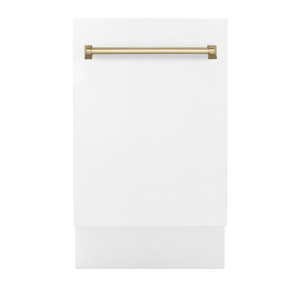 ZLINE Autograph Edition 18 in. Compact 3rd Rack Top Control Dishwasher in White Matte with Champagne Bronze Accent Handle, 51dBa (DWVZ-WM-18-CB)