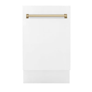 ZLINE Autograph Edition 18 in. Compact 3rd Rack Top Control Dishwasher in White Matte with Champagne Bronze Accent Handle, 51dBa (DWVZ-WM-18-CB)