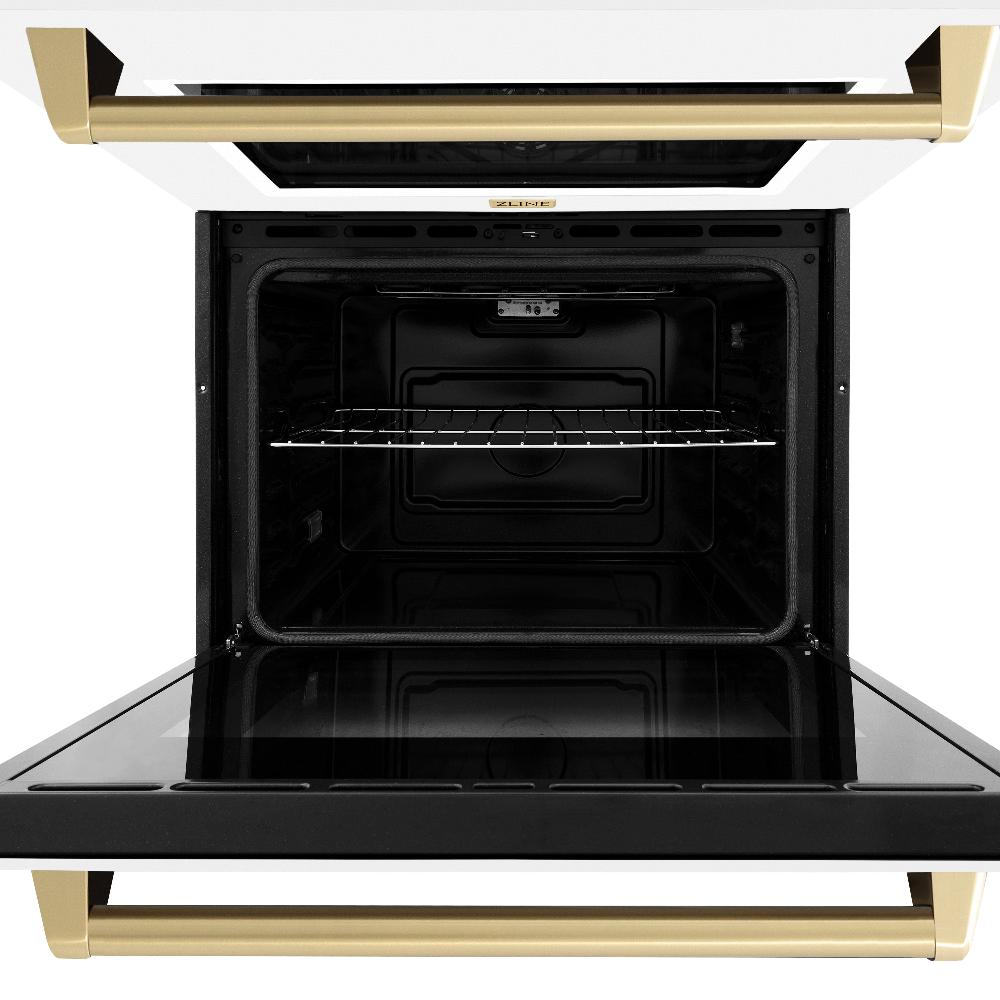 ZLINE Autograph Edition 30 in. Professional True Convection Double Wall Oven with Air Fry and Self Clean in Stainless Steel with White Matte Doors and Champagne Bronze Handles (WADZ-WM-30-CB) front, close-up bottom oven open.