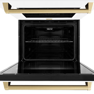 ZLINE Autograph Edition 30 in. Professional True Convection Double Wall Oven with Air Fry and Self Clean in Stainless Steel with White Matte Doors and Champagne Bronze Handles (WADZ-WM-30-CB) front, close-up bottom oven open.