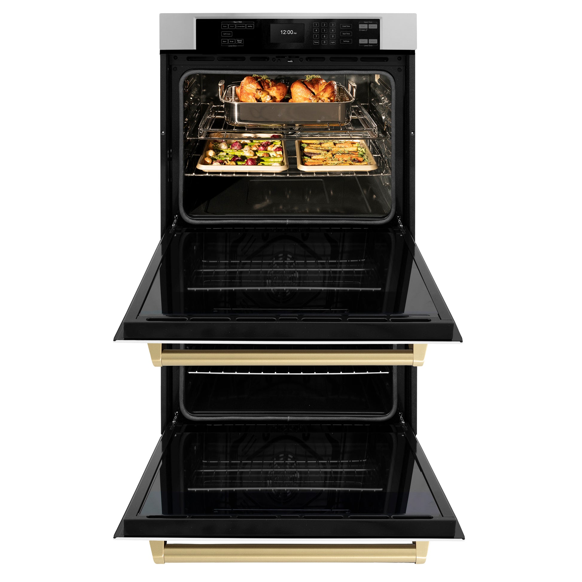 ZLINE Autograph Edition 30 in. Professional True Convection Double Wall Oven with Air Fry and Self Clean in Stainless Steel with White Matte Doors and Champagne Bronze Handles (WADZ-WM-30-CB)