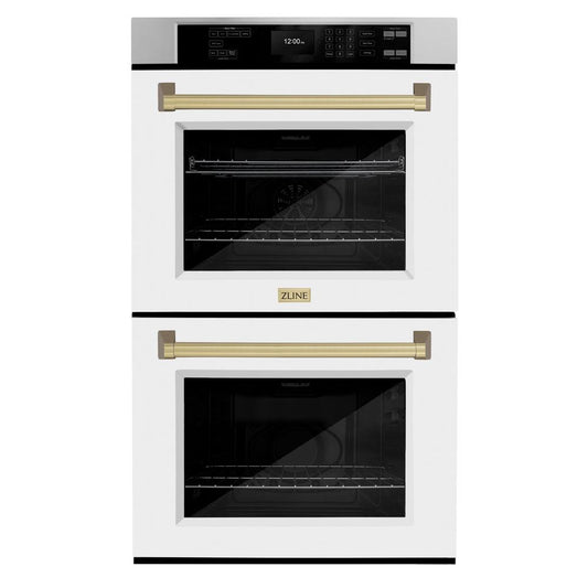 ZLINE Autograph Edition 30 in. Professional True Convection Double Wall Oven with Air Fry and Self Clean in Stainless Steel with White Matte Doors and Champagne Bronze Handles (WADZ-WM-30-CB)