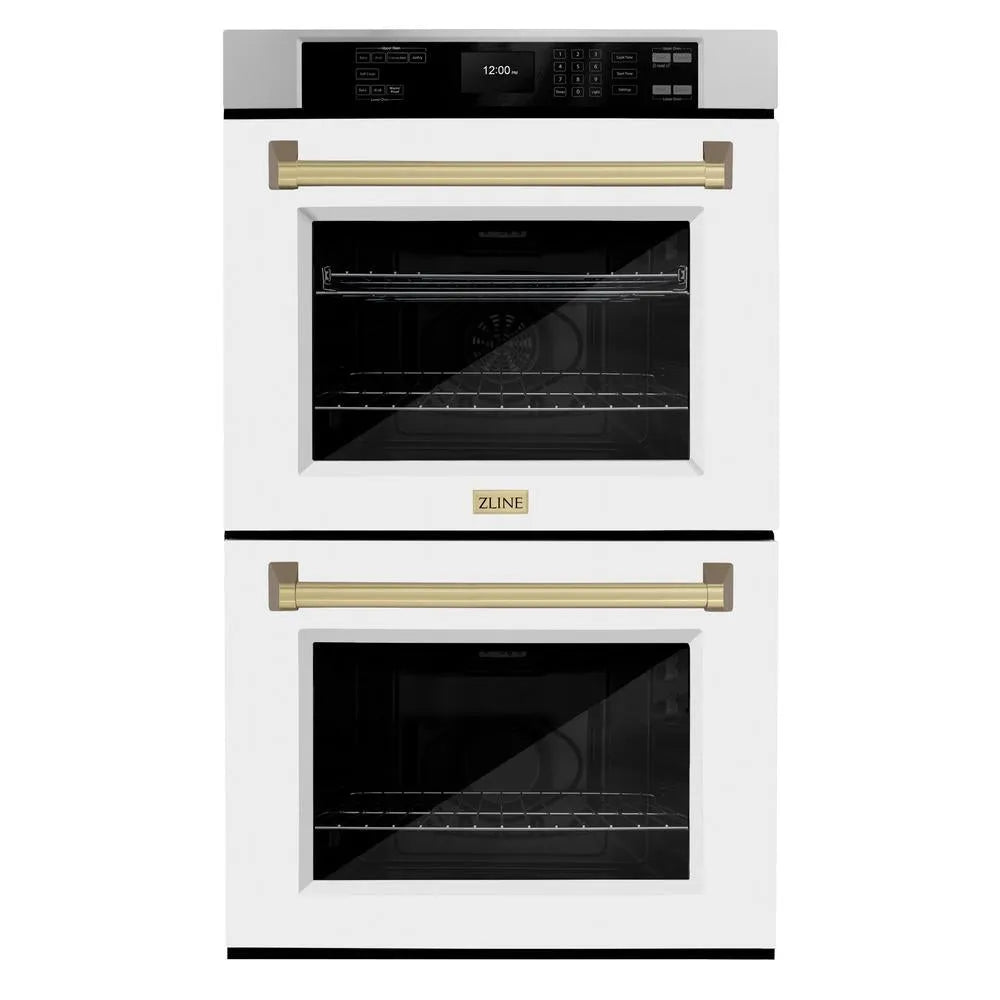 ZLINE Autograph Edition 30 in. Professional True Convection Double Wall Oven with Air Fry and Self Clean in Stainless Steel with White Matte Doors and Champagne Bronze Handles (WADZ-WM-30-CB) main image.