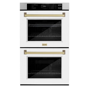 ZLINE Autograph Edition 30 in. Professional True Convection Double Wall Oven with Air Fry and Self Clean in Stainless Steel with White Matte Doors and Champagne Bronze Handles (WADZ-WM-30-CB) main image.
