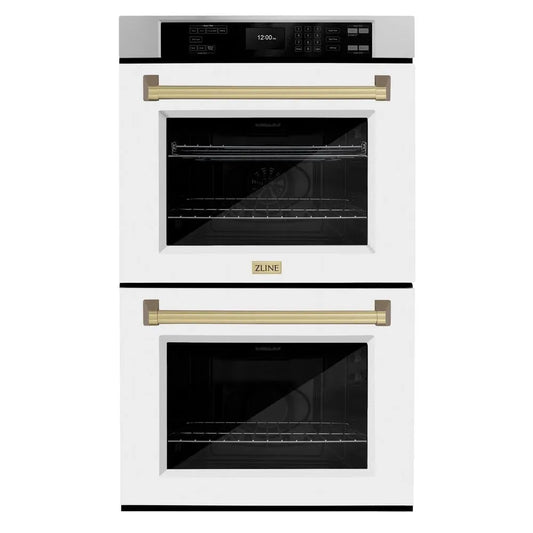 ZLINE Autograph Edition 30 in. Professional True Convection Double Wall Oven with Air Fry and Self Clean in Stainless Steel with White Matte Doors and Champagne Bronze Handles (WADZ-WM-30-CB) main image.
