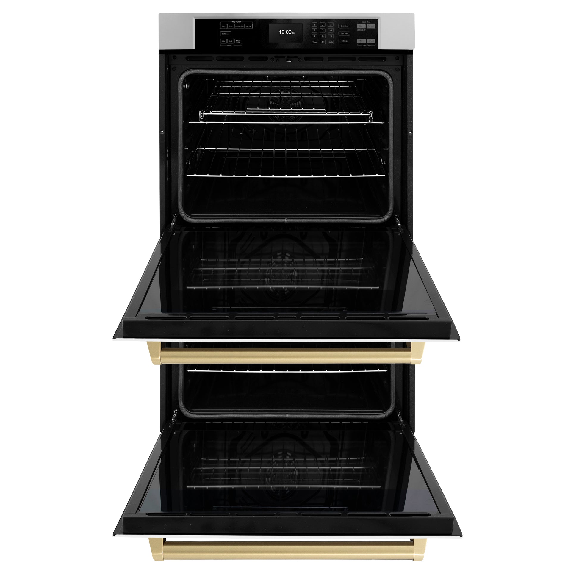 ZLINE Autograph Edition 30 in. Professional True Convection Double Wall Oven with Air Fry and Self Clean in Stainless Steel with White Matte Doors and Champagne Bronze Handles (WADZ-WM-30-CB) front, open.