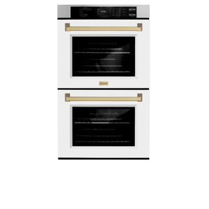 ZLINE Autograph Edition 30 in. Professional True Convection Double Wall Oven with Air Fry and Self Clean in Stainless Steel with White Matte Doors and Champagne Bronze Handles (WADZ-WM-30-CB) front, closed.