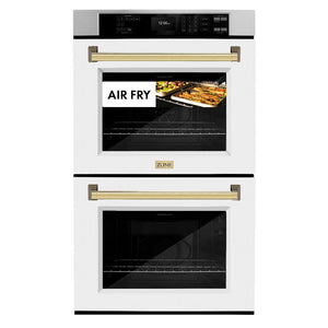 ZLINE Autograph Edition 30 in. Professional True Convection Double Wall Oven with Air Fry and Self Clean in Stainless Steel with White Matte Doors and Polished Gold Handles (WADZ-WM-30-G) front, closed, with food cooking by air fry.