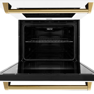 ZLINE Autograph Edition 30 in. Professional True Convection Double Wall Oven with Air Fry and Self Clean in Stainless Steel with White Matte Doors and Polished Gold Handles (WADZ-WM-30-G) front, close-up bottom oven open.