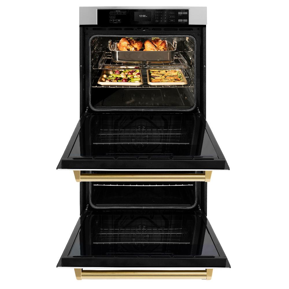 ZLINE Autograph Edition 30 in. Professional True Convection Double Wall Oven with Air Fry and Self Clean in Stainless Steel with White Matte Doors and Polished Gold Handles (WADZ-WM-30-G) front, oven open with food in upper oven.