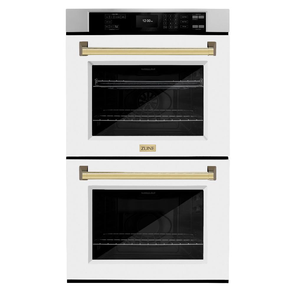 ZLINE Autograph Edition 30 in. Professional True Convection Double Wall Oven with Air Fry and Self Clean in Stainless Steel with White Matte Doors and Polished Gold Handles (WADZ-WM-30-G)