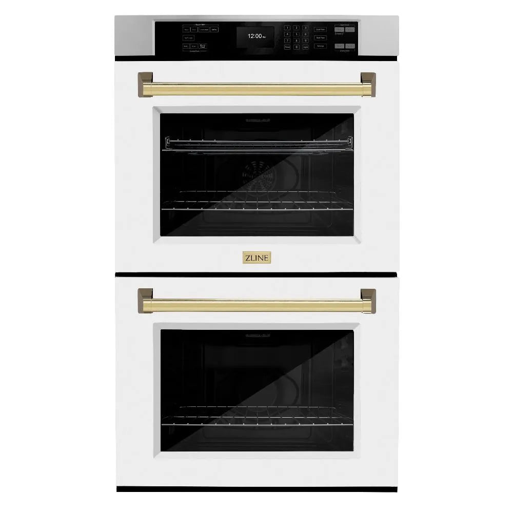 ZLINE Autograph Edition 30 in. Professional True Convection Double Wall Oven with Air Fry and Self Clean in Stainless Steel with White Matte Doors and Polished Gold Handles (WADZ-WM-30-G) main image.
