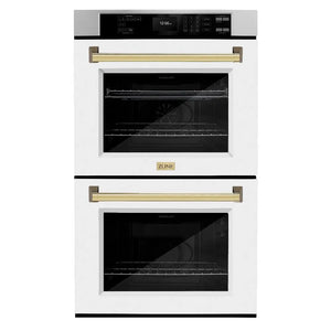 ZLINE Autograph Edition 30 in. Professional True Convection Double Wall Oven with Air Fry and Self Clean in Stainless Steel with White Matte Doors and Polished Gold Handles (WADZ-WM-30-G) main image.