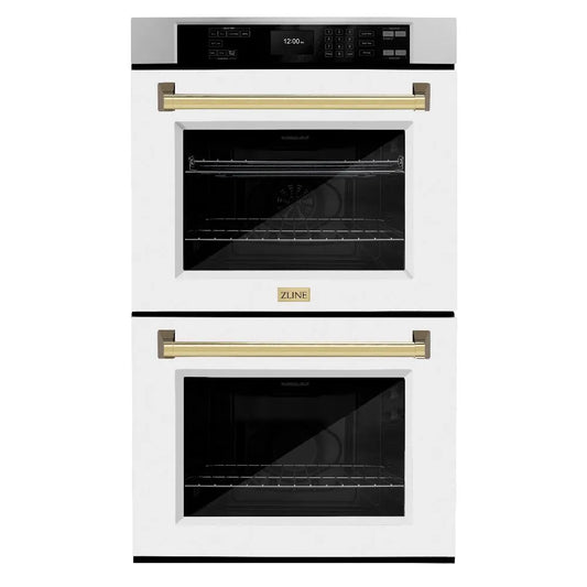 ZLINE Autograph Edition 30 in. Professional True Convection Double Wall Oven with Air Fry and Self Clean in Stainless Steel with White Matte Doors and Polished Gold Handles (WADZ-WM-30-G) main image.