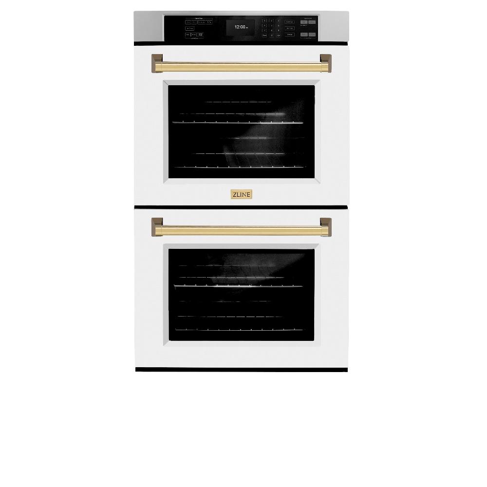 ZLINE Autograph Edition 30 in. Professional True Convection Double Wall Oven with Air Fry and Self Clean in Stainless Steel with White Matte Doors and Polished Gold Handles (WADZ-WM-30-G) front, closed.