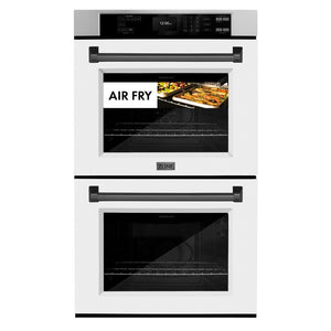 ZLINE Autograph Edition 30 in. Professional True Convection Double Wall Oven with Air Fry and Self Clean in Stainless Steel with White Matte Doors and Matte Black Handles (WADZ-WM-30-MB) front, closed, with food cooking by air fry.