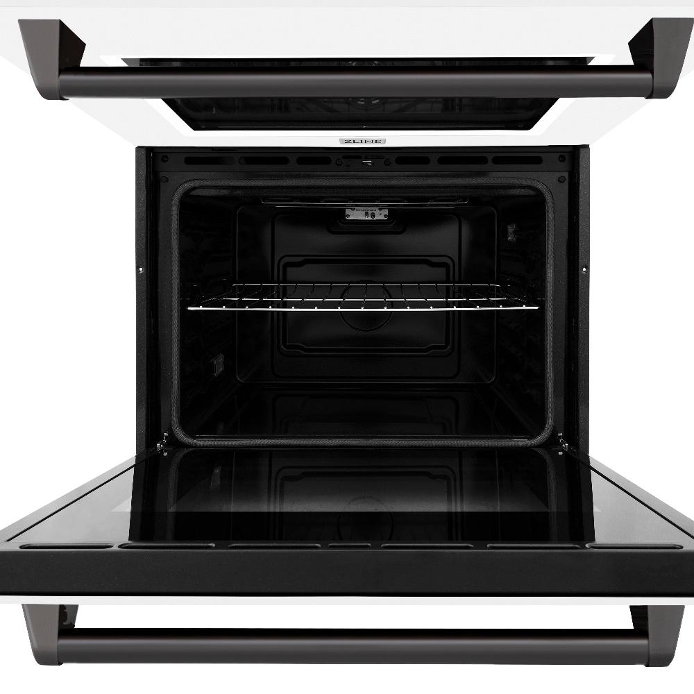 ZLINE Autograph Edition 30 in. Professional True Convection Double Wall Oven with Air Fry and Self Clean in Stainless Steel with White Matte Doors and Matte Black Handles (WADZ-WM-30-MB) front, close-up bottom oven open.