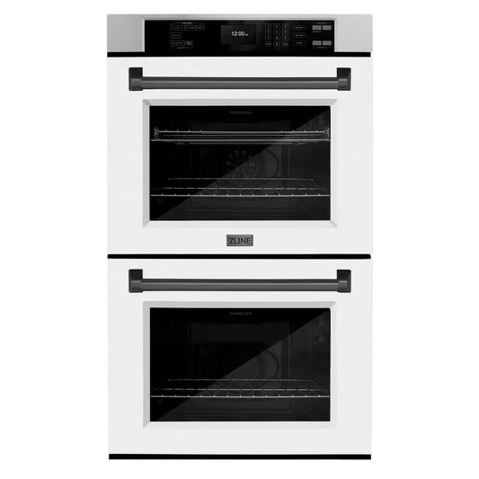 ZLINE Autograph Edition 30 in. Professional True Convection Double Wall Oven with Air Fry and Self Clean in Stainless Steel with White Matte Doors and Matte Black Handles (WADZ-WM-30-MB) main image.