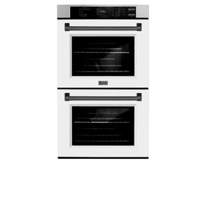 ZLINE Autograph Edition 30 in. Professional True Convection Double Wall Oven with Air Fry and Self Clean in Stainless Steel with White Matte Doors and Matte Black Handles (WADZ-WM-30-MB) front, closed.