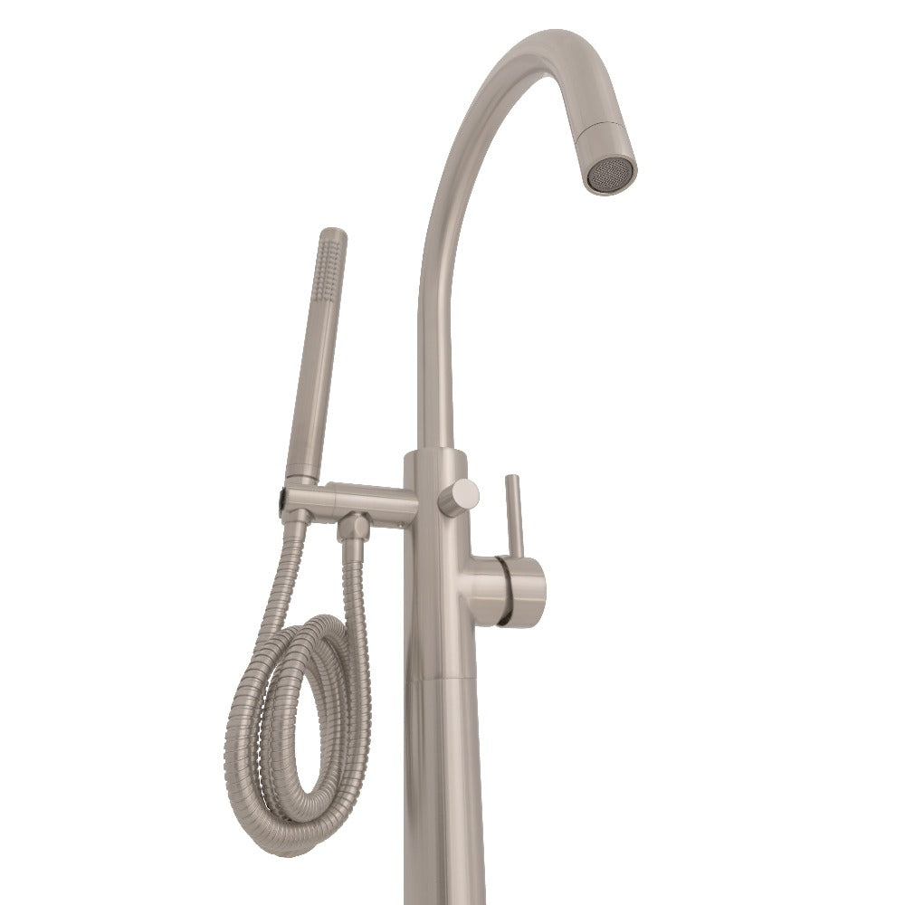 ZLINE Emerald Bay Bath Tub Filler with Hand Shower in Brushed Nickel (EMBY-BTF-BN) close-up, under spout.