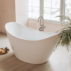 ZLINE Emerald Bay Bath Tub Filler with Hand Shower in Brushed Nickel (EMBY-BTF-BN) filling a large bath tub in a luxury bathroom.