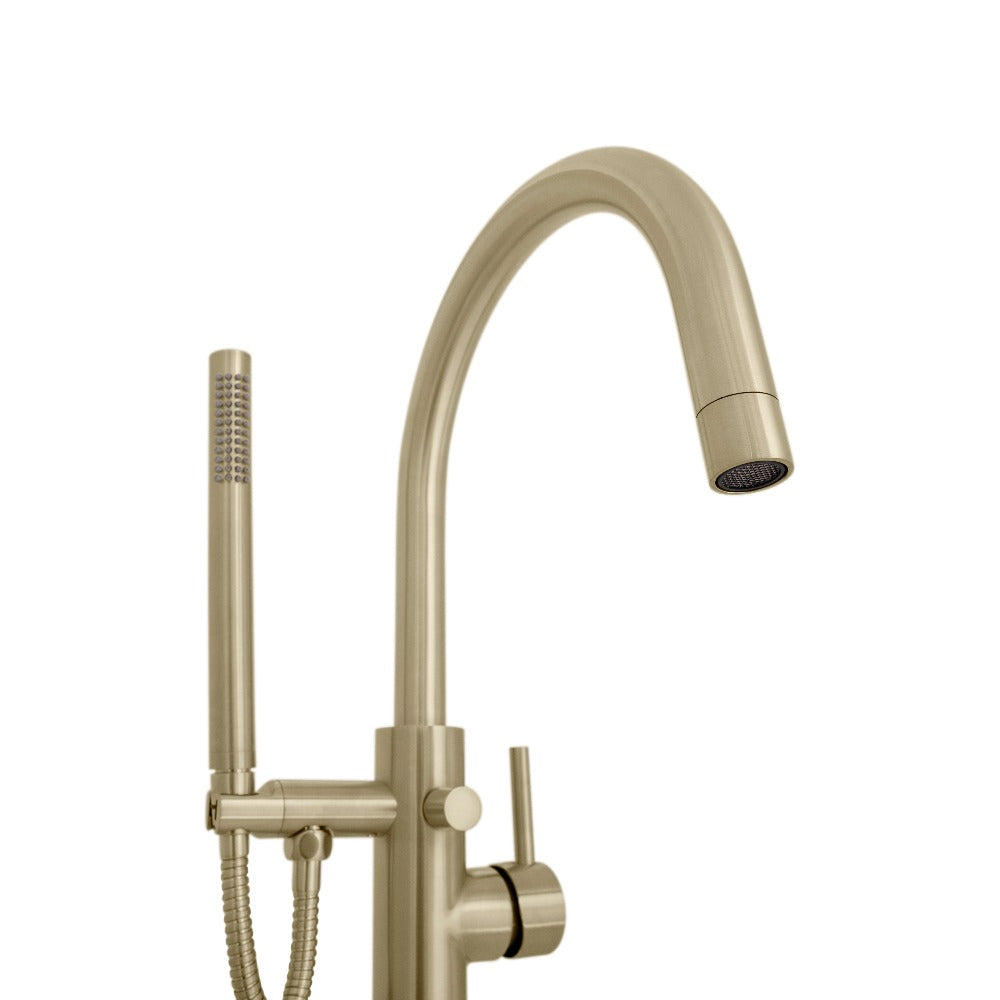 ZLINE Emerald Bay Bath Tub Filler with Hand Shower in Champagne Bronze (EMBY-BTF-CB) close-up, under spout.