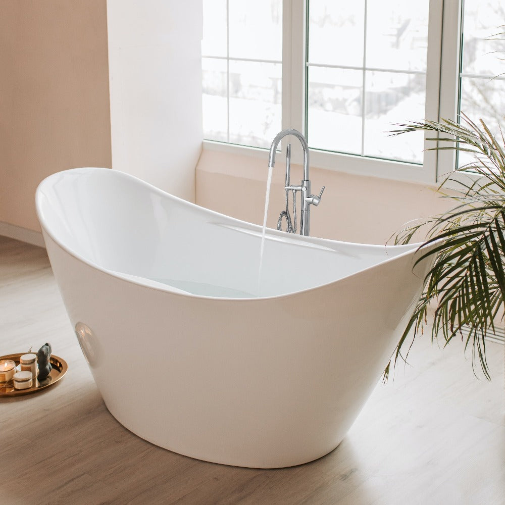 ZLINE Emerald Bay Bath Tub Filler in Chrome (EMBY-BTF-CH) in a luxury bathroom filling a large bathtub.