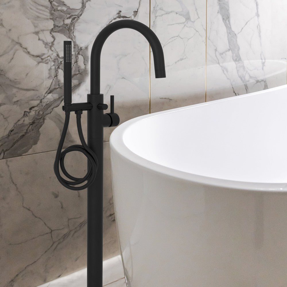 ZLINE Emerald Bay Bath Tub Filler in Matte Black (EMBY-BTF-MB) in a luxury bathroom with large bathtub.