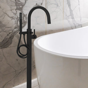 ZLINE Emerald Bay Bath Tub Filler with Hand Shower in Matte Black (EMBY-BTF-MB) in a luxury bathroom with large bathtub.