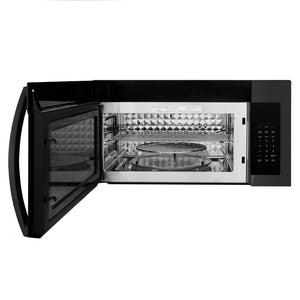 ZLINE 30 in. Black Stainless Steel Over the Range Convection Microwave Oven with Modern Handle (MWO-OTR-30-BS) front, open.