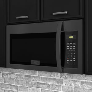 ZLINE 30 in. Black Stainless Steel Over the Range Convection Microwave Oven with Modern Handle (MWO-OTR-30-BS) in a luxury kitchen.