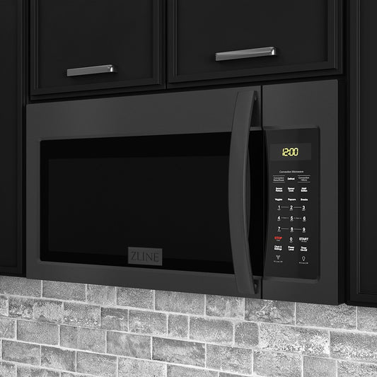 ZLINE 30 in. Black Stainless Steel Over the Range Convection Microwave Oven with Modern Handle (MWO-OTR-30-BS) in a luxury kitchen.