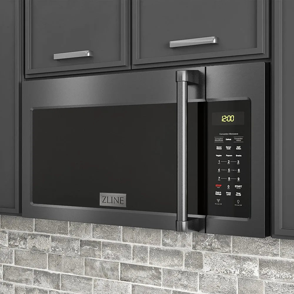 ZLINE 30 in. Black Stainless Steel Over the Range Convection Microwave Oven with Traditional Handle (MWO-OTR-H-BS) in a kitchen, close-up.
