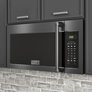 ZLINE 30 in. Black Stainless Steel Over the Range Convection Microwave Oven with Traditional Handle (MWO-OTR-H-BS) in a kitchen, close-up.