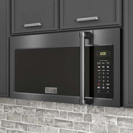 ZLINE 30 in. Black Stainless Steel Over the Range Convection Microwave Oven with Traditional Handle (MWO-OTR-H-BS) in a kitchen, close-up.