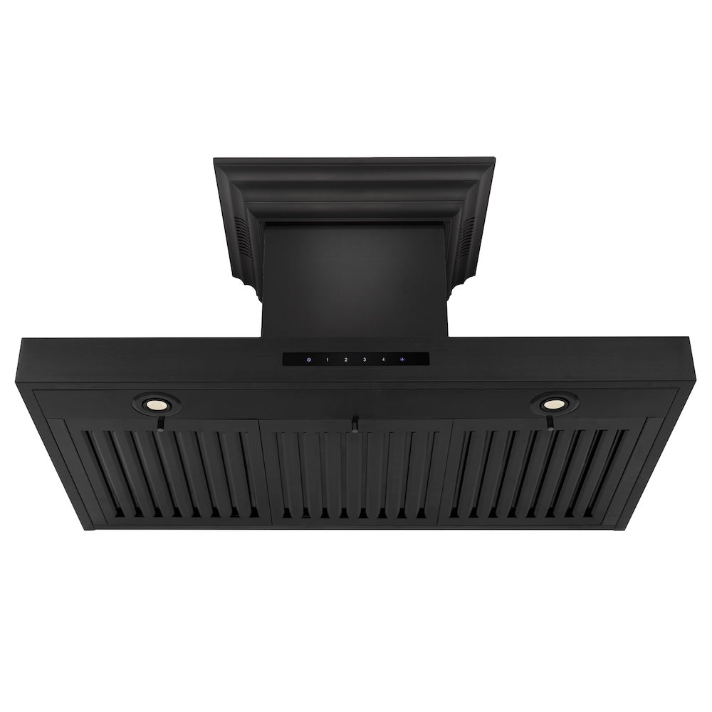 ZLINE 36 in. CrownSound™ Ducted Vent Wall Mount Range Hood in Black Stainless Steel with Built-in Bluetooth Speakers (BSKENCRN-BT-36) front, under.