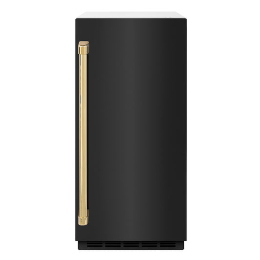 ZLINE Autograph Edition 15 in. Touchstone Clear Cube Ice Maker with Drain Pump and Black Stainless Steel Door with Polished Gold Handle (ICCDZ-BS-15-G) front, closed.