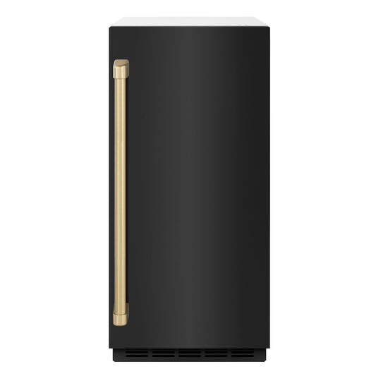 ZLINE Autograph Edition 15 in. Touchstone Gourmet Ice Maker with Drain Pump and Black Stainless Steel Door with Champagne Bronze Handle (IGMDZ-BS-15-CB) front, closed.