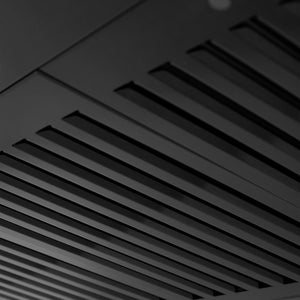 Close-up of a black baffle filters on ZLINE 36 in. Convertible Vent Wall Mount Range Hood in Black Stainless Steel (BSKEN-36)