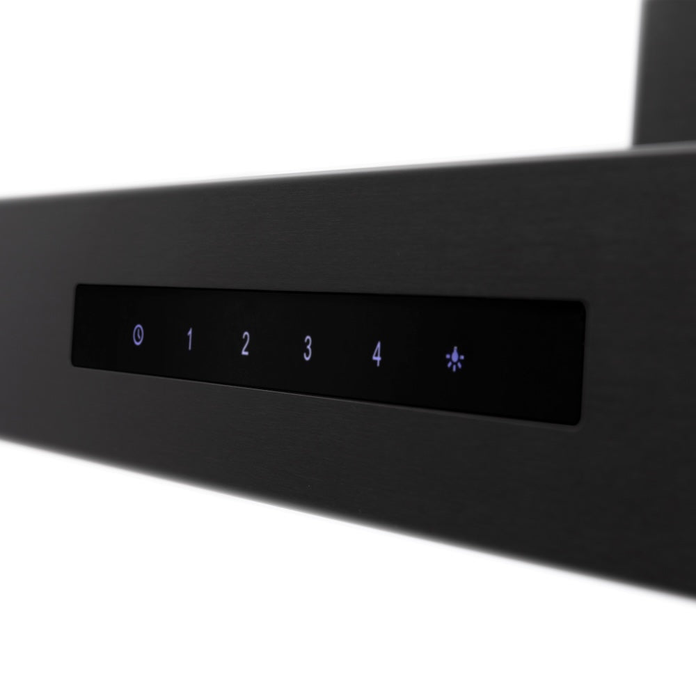 ZLINE 36 in. Convertible Vent Wall Mount Range Hood in Black Stainless Steel (BSKEN-36) digital display and controls.