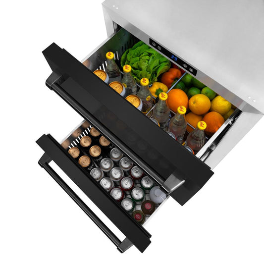 ZLINE 24 in. Touchstone 168 Can Outdoor-Rated Dual Refrigerator Drawer with Black Stainless Steel Doors (RDSO-BS-24) close-up detail, produce and beverages in top drawer, and beverages in bottom drawer.