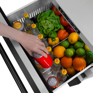 Open ZLINE 24 in. Touchstone 168 Can Outdoor-Rated Dual Refrigerator Drawer with Black Stainless Steel Doors (RDSO-BS-24) with fresh produce and drinks inside