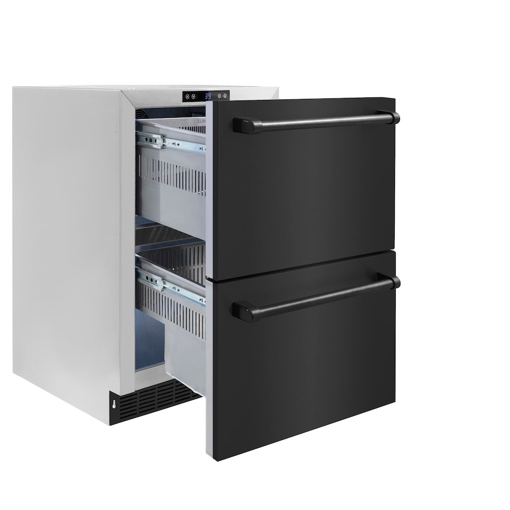 ZLINE 24 in. Touchstone 168 Can Outdoor-Rated Dual Refrigerator Drawer with Black Stainless Steel Doors (RDSO-BS-24)