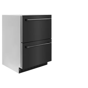 ZLINE 24 in. Touchstone 168 Can Outdoor-Rated Dual Refrigerator Drawer with Black Stainless Steel Doors (RDSO-BS-24) side, closed.