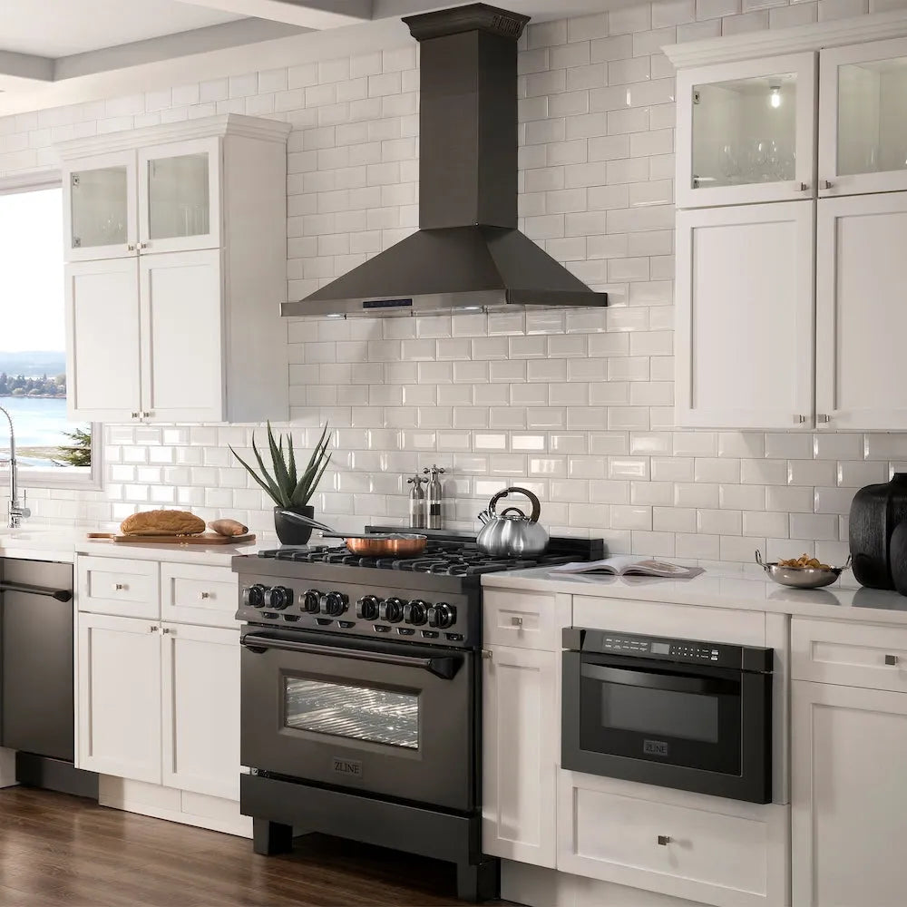 ZLINE 36 in. CrownSound™ Ducted Vent Wall Mount Range Hood in Black Stainless Steel with Built-in Bluetooth Speakers (BSKBNCRN-BT-36) in a luxury kitchen.